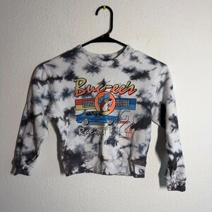 Buc-ees Sweatshirt Youth YS Beige Tie Dye‎ Racing Themed Graphic Print Crew Neck
